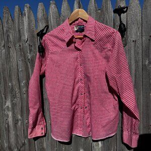 Vintage Wrangler Red Gingham Western Pearl Snap Shirt USA Small Cowboy Rodeo